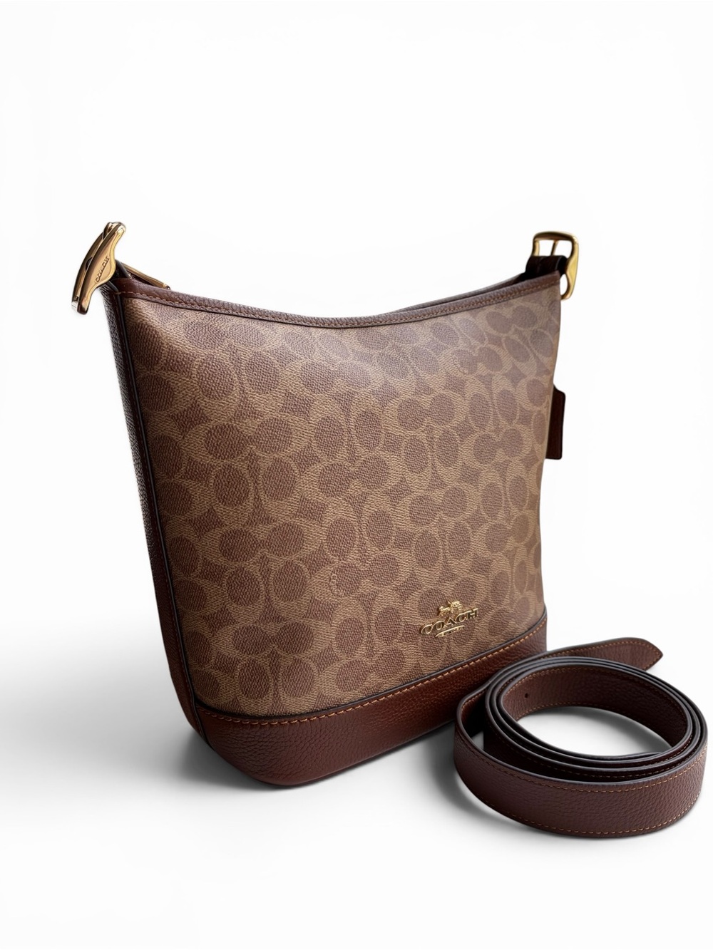 Coach Jude Duffle Bag Brown Signature Canvas Bucket Bag with Leather Trim - Picture 8 of 16